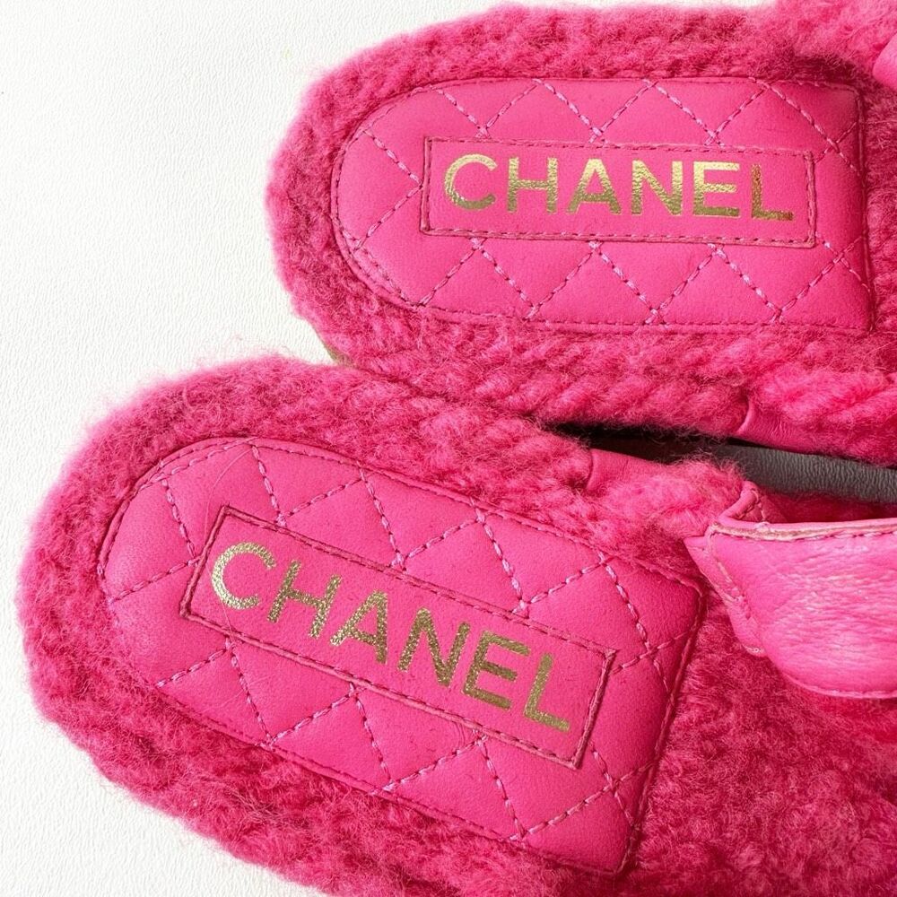 CHANEL Pink Rope CC Dad Sandals Size 37 Open Toe Gladiator Slingback Fuzzy - Picture 9 of 13